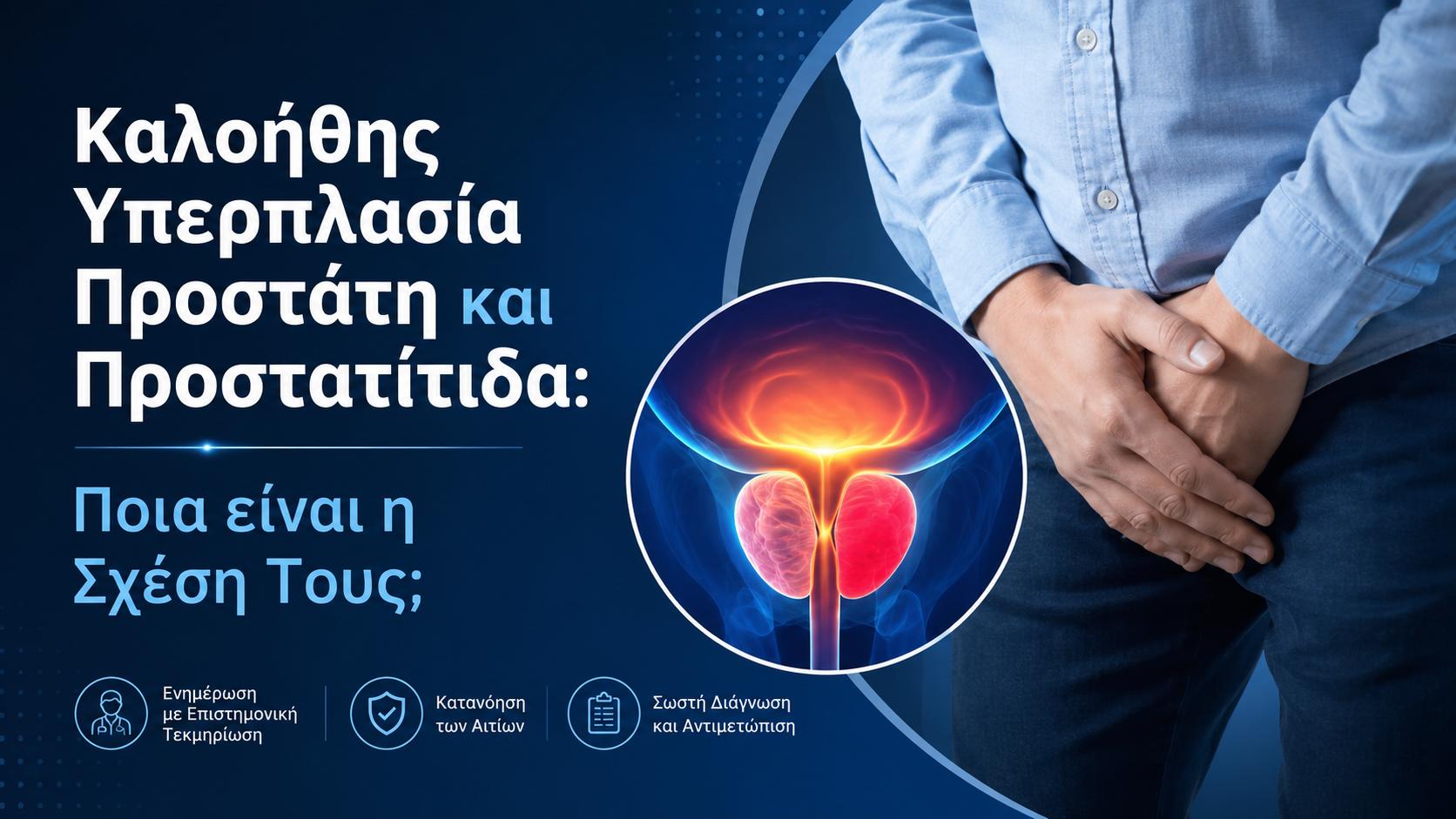 Καλοήθης υπερπλασία προστάτη και προστατίτιδα: άνδρας με ενόχληση στην περιοχή της λεκάνης δίπλα σε ανατομικό διάγραμμα προστάτη